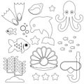 Icons of the underwater world and marine life in black and white. Vector illustration Royalty Free Stock Photo
